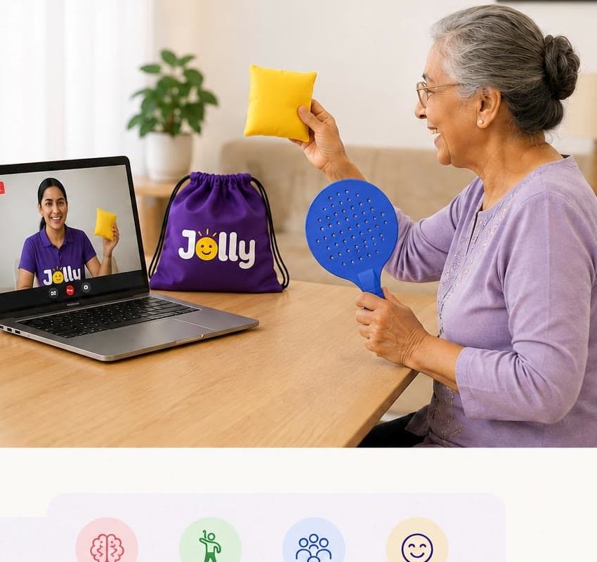 An older woman joining a guided Jolly session on a laptop